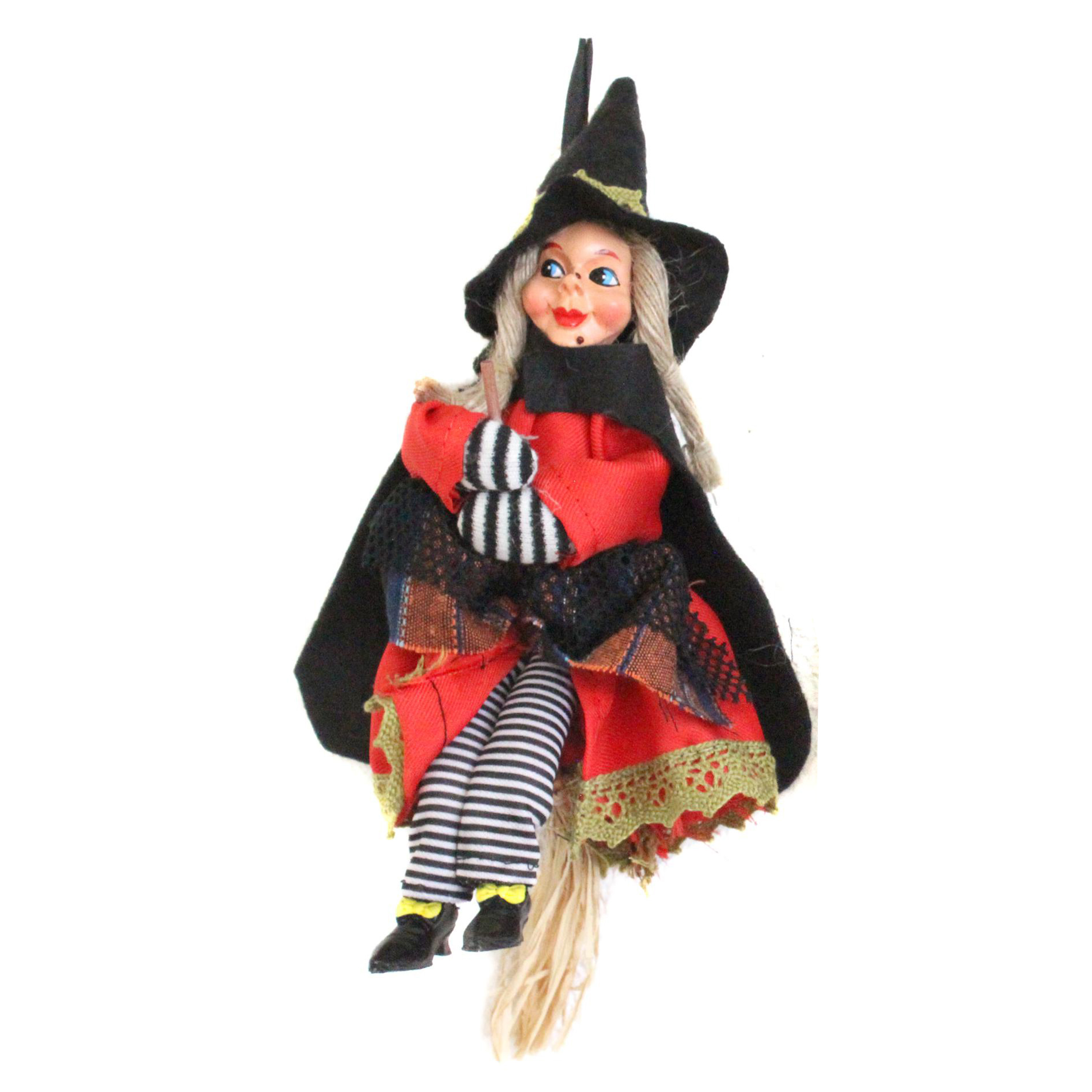 Halloween decoratie heksen pop op bezem 20 cm zwart-rood