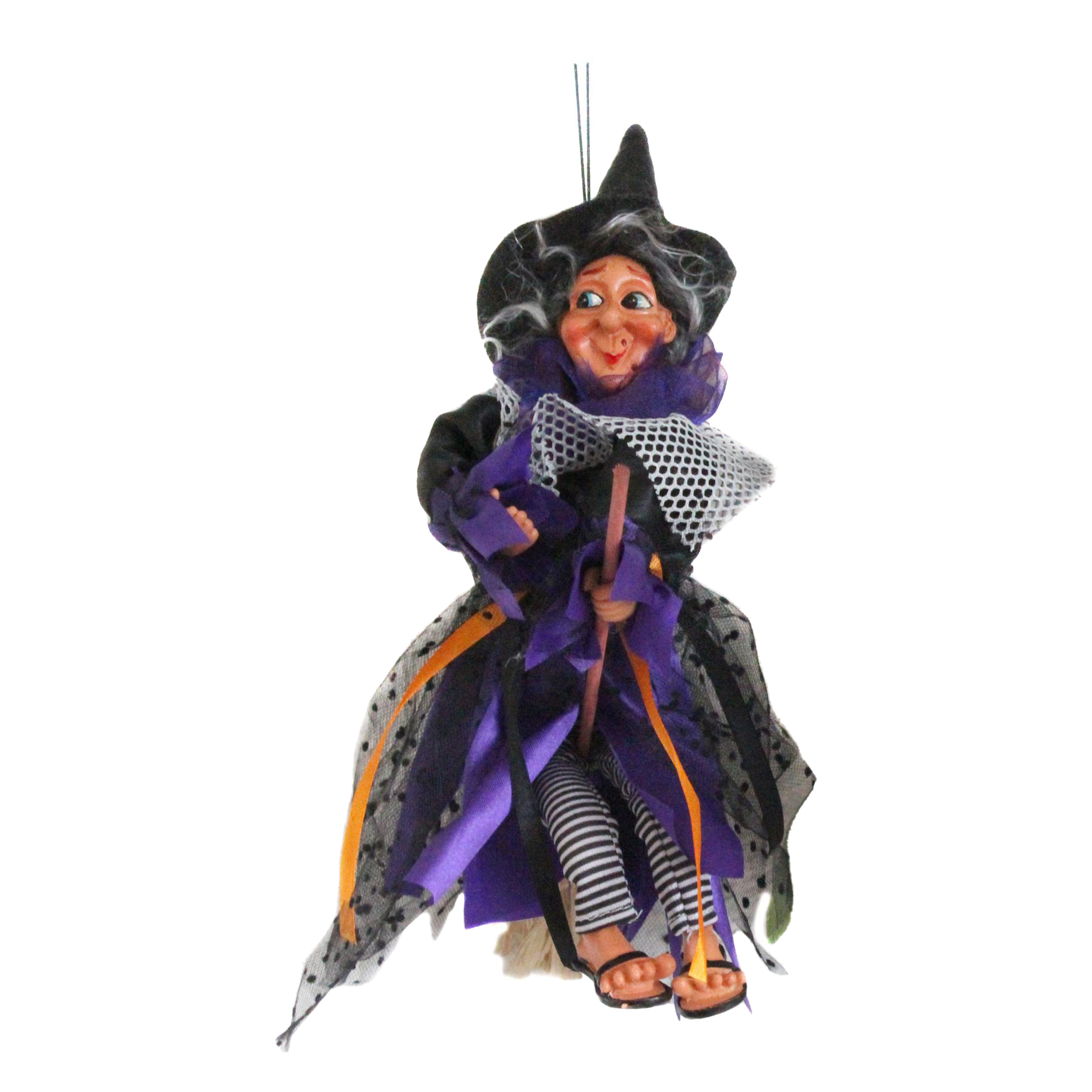 Halloween decoratie heksen pop op bezem 25 cm zwart-paars