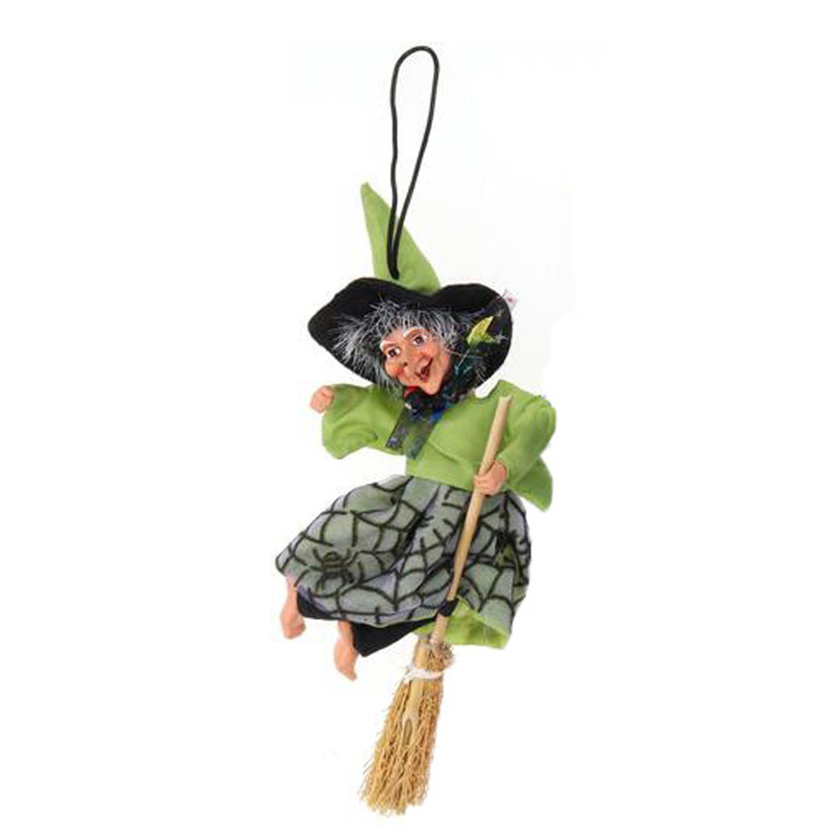 Halloween decoratie heksen pop vliegend op bezem 10 cm zwart-groen