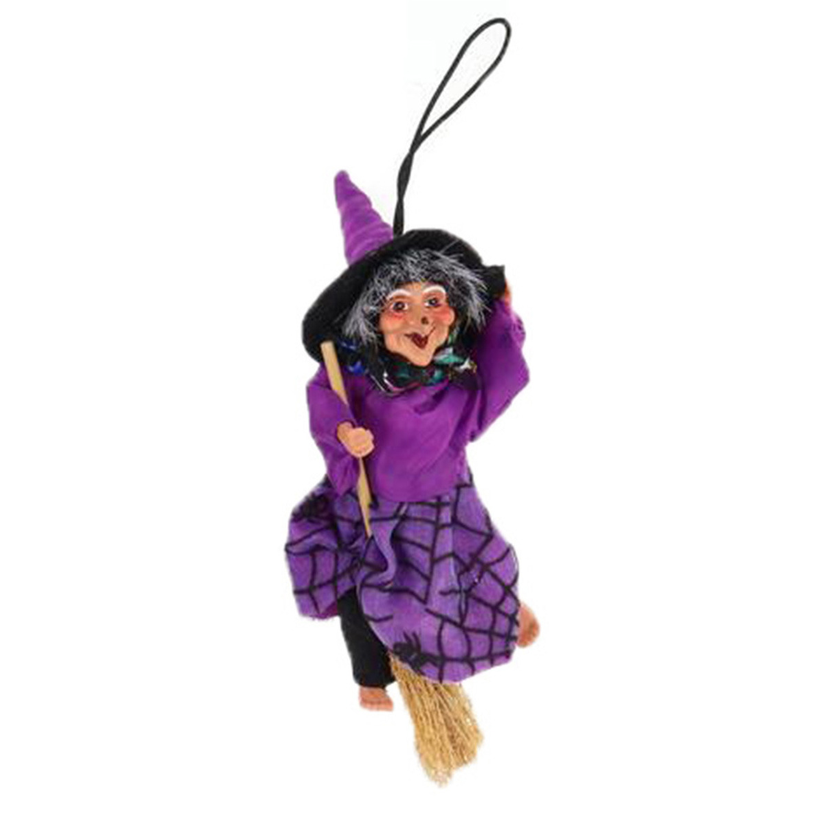 Halloween decoratie heksen pop vliegend op bezem 10 cm zwart-paars