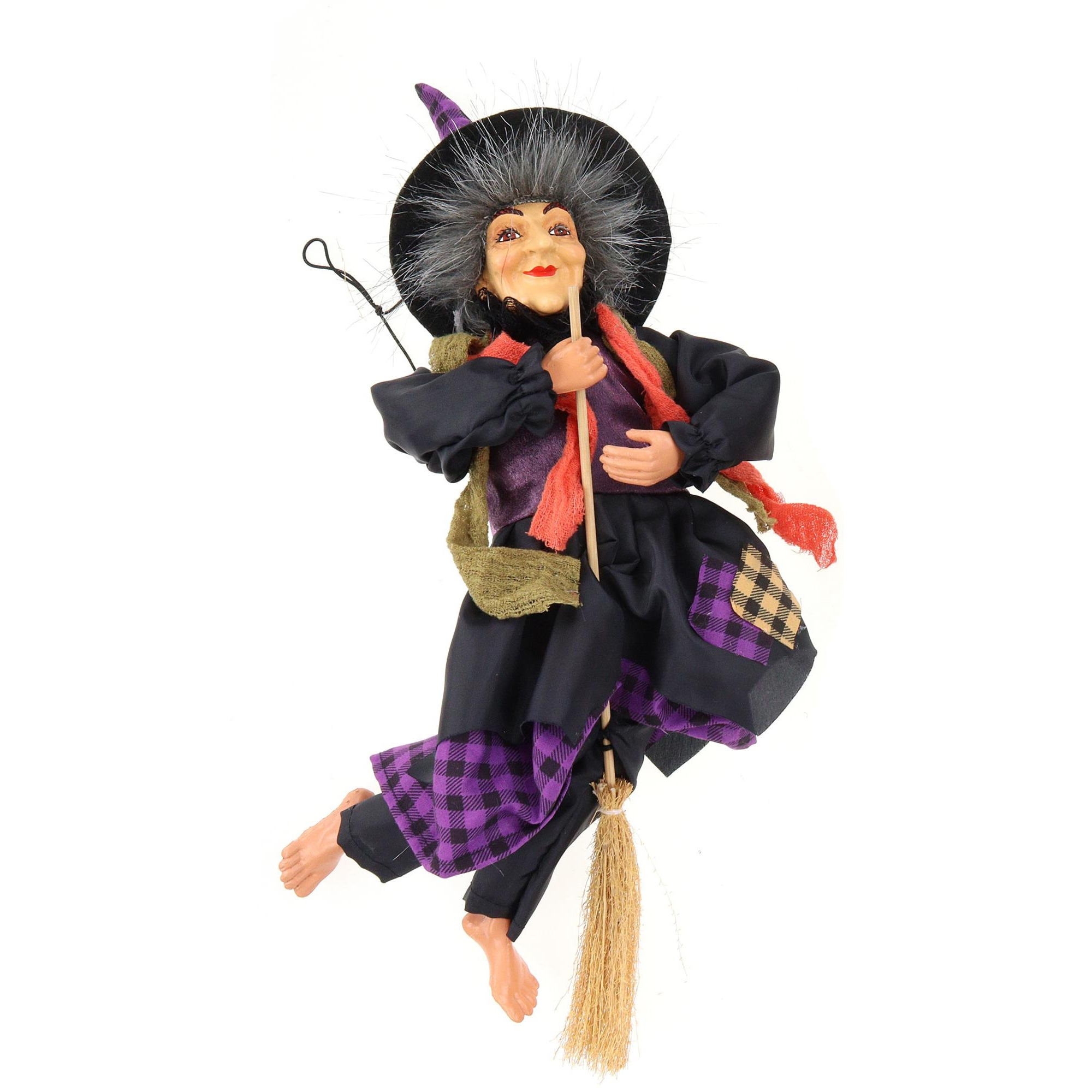 Halloween decoratie heksen pop vliegend op bezem 30 cm zwart-paars