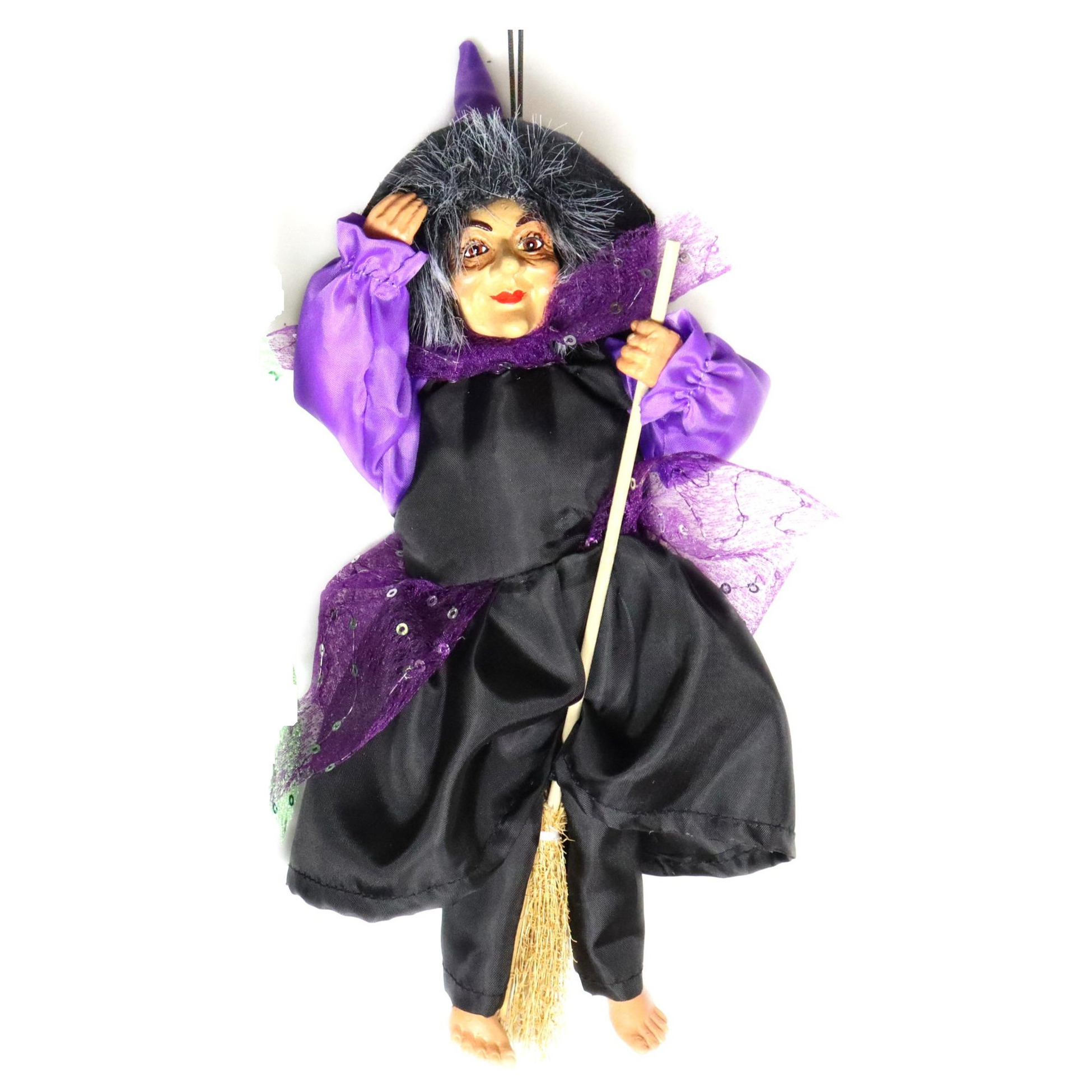 Halloween decoratie heksen pop vliegend op bezem 35 cm zwart-paars