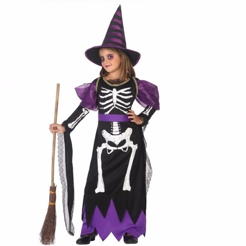 Heksen kids verkleed kostuum met skelet opdruk