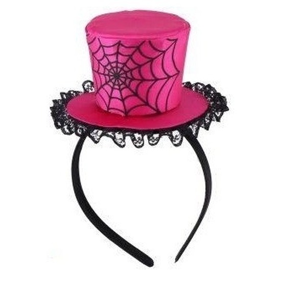 Roze verkleed mini hoed op diadeem met spinnenweb voor dames