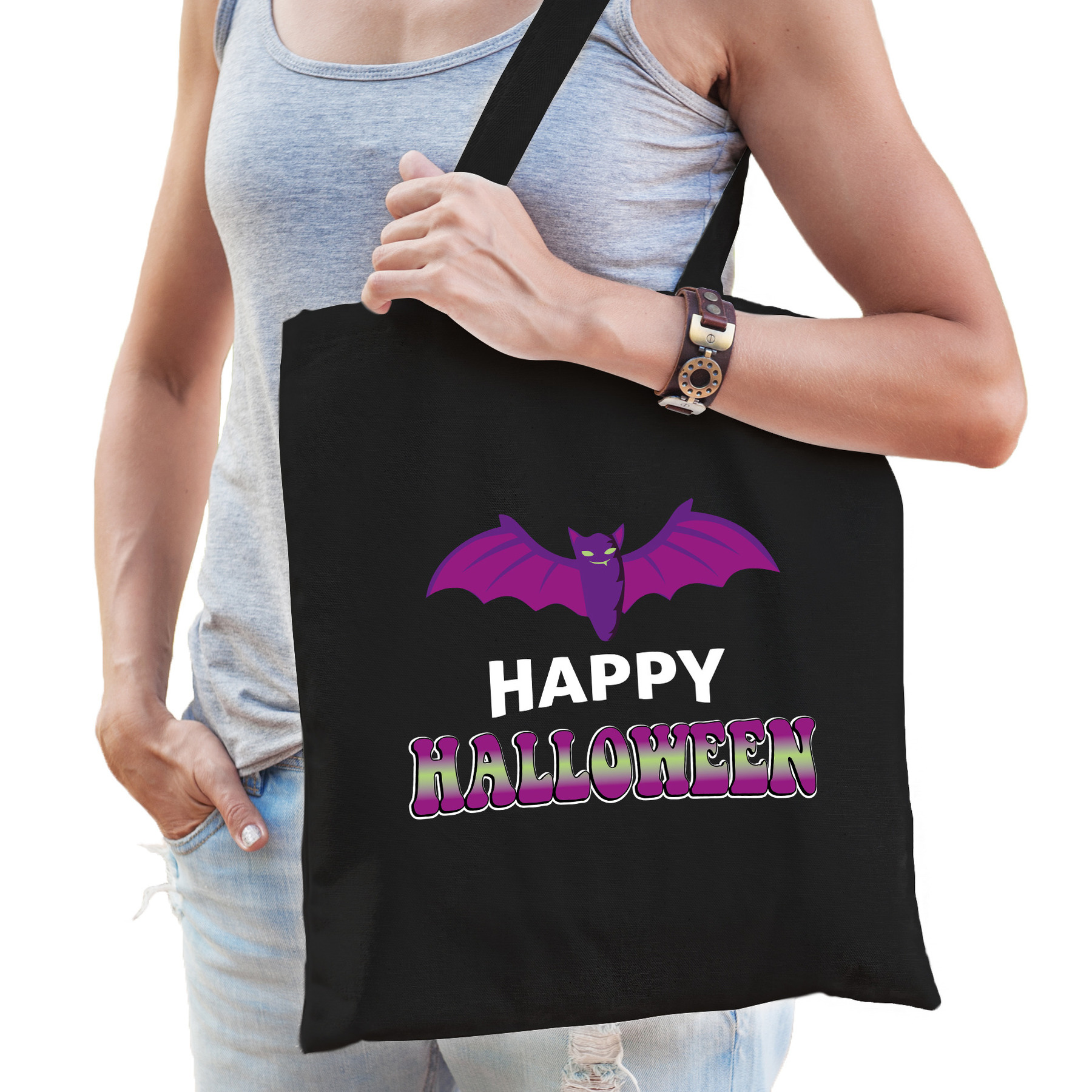 Vleermuis - happy halloween trick or treat katoenen tas/ snoep tas zwart