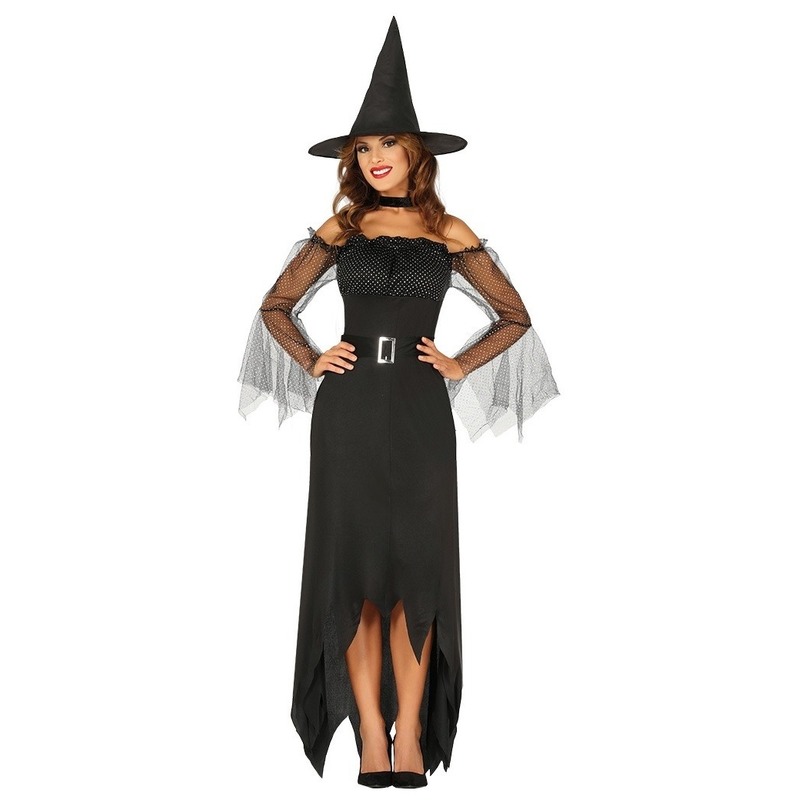 Zwarte lange heksen verkleed kostuum jurk voor dames