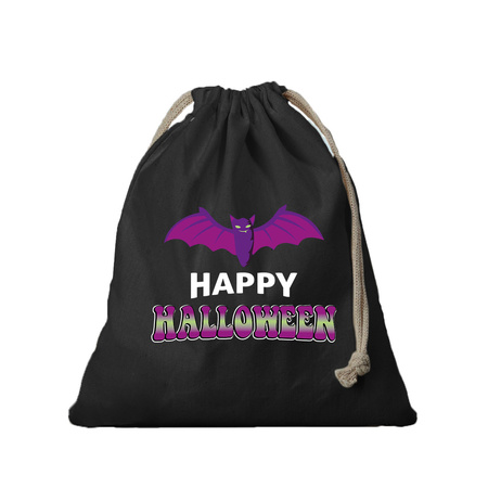 1x Happy halloween with bat canvas halloween bag black with drawstring black 25 x 30 cm