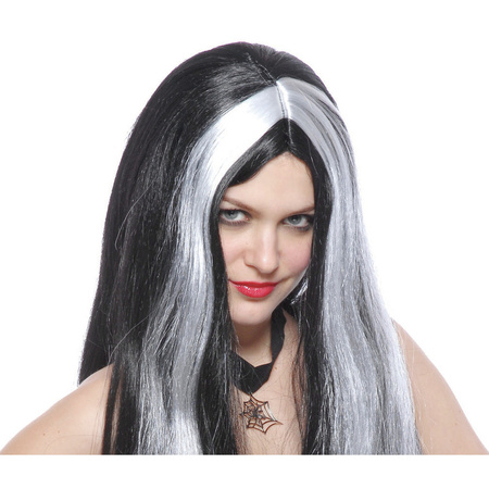 Witch ladies wig - long hair - black/grey - Halloween theme