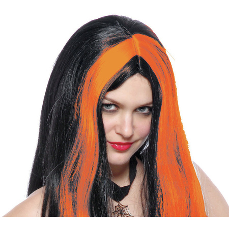 Funny Fashion Heksenpruik lang haar - zwart/oranje - dames - Halloween