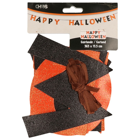 Happy Halloween feestslinger - 3,65 meter - oranje/zwart - van papier