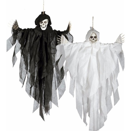 Set van 2x stuks horror hangdecoratie spook/geest pop zwart en wit 75 cm