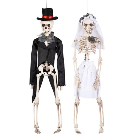 Set van 2x horror hang decoratie skelet bruid en bruidegom poppen 41 cm