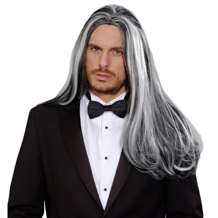 Zwart/grijze pruik met lang haar