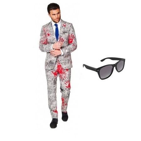 Feest bloedhanden print tuxedo/business suit 46 (S) voor heren met gratis zonnebril